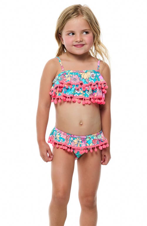 Beach Lingo Kids' Pom Trim Ruffle Two-piece Swimsuit In Pink Multi
