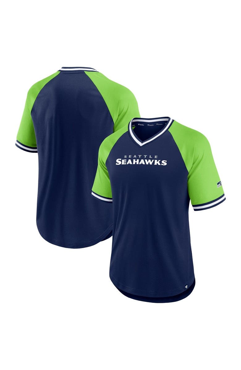 FANATICS Men's Fanatics Branded College Navy/Neon Green Seattle Seahawks Second Wind Raglan V-Neck T-Shirt, Main, color, Navy