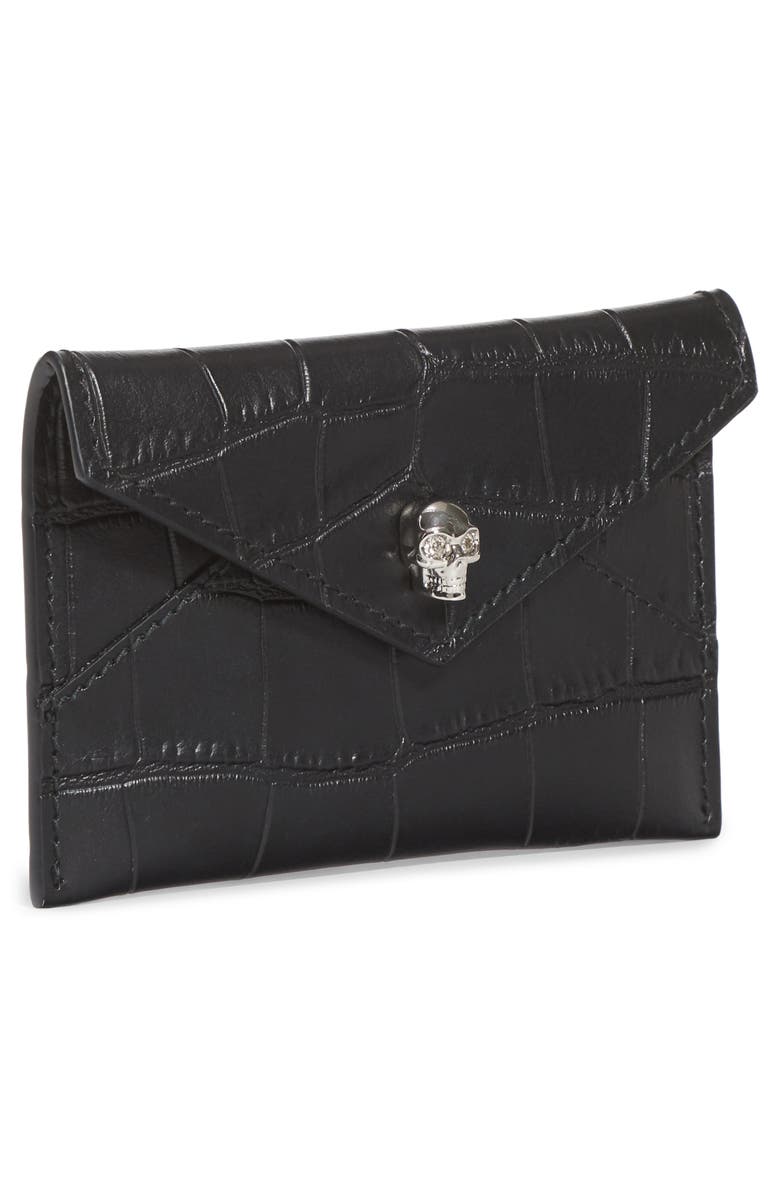 McQueen Alexander McQueen Croc Embossed Leather Card Holder, Alternate, color, Black