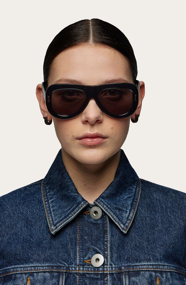 FERRAGAMO Rivets 57mm Aviator Sunglasses, Alternate, color, Black