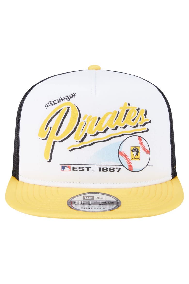 Men's New Era White/Gold Pittsburgh Pirates Retro Script Trucker 9FIFTY Snapback Hat, Alternate, color, White