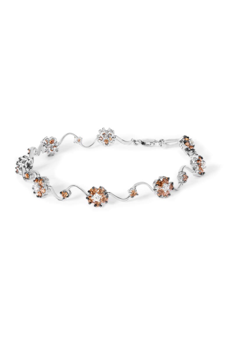 10K White Gold 4.0 Cttw Champagne Diamond Floral Cluster and Station Link Bracelet, Main, color, White