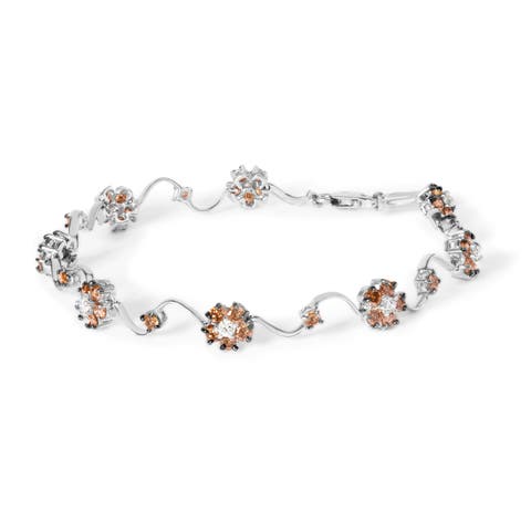 10K White Gold 4.0 Cttw Champagne Diamond Floral Cluster and Station Link Bracelet