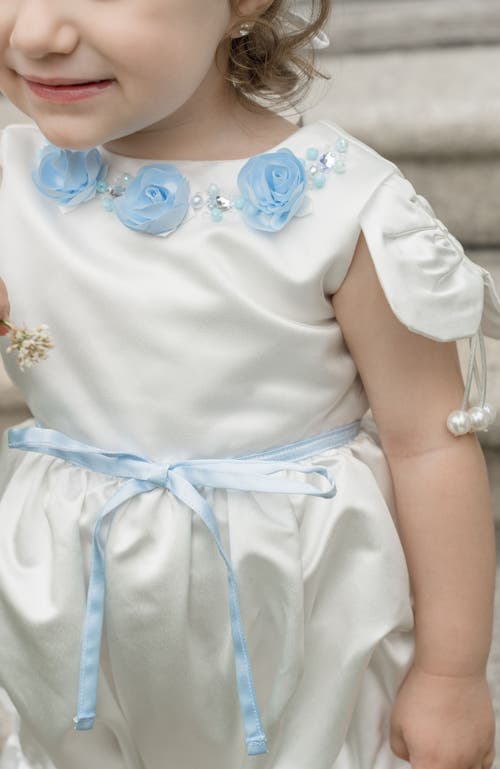 Petite Maison Kids Daphne Satin Romper With Blue Embroidery In White And Baby Blue