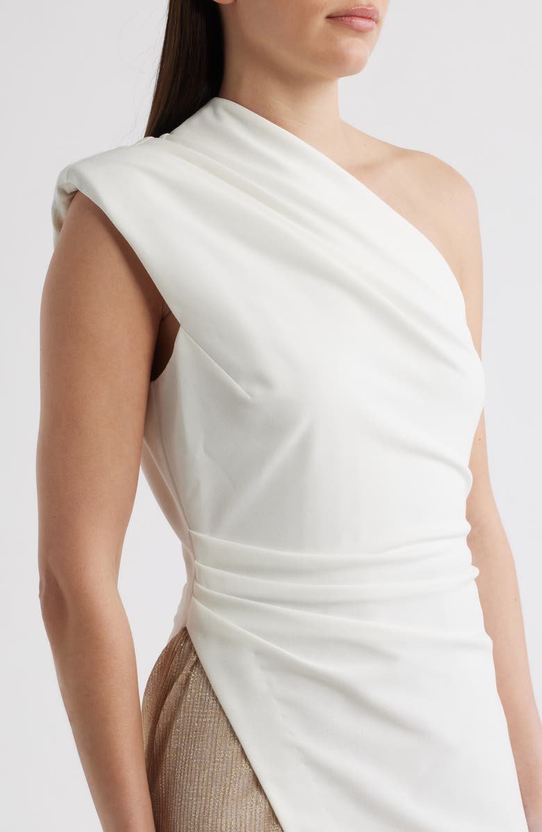Black Halo Marigold One-Shoulder Mixed Media Gown, Alternate, color, Sand Light
