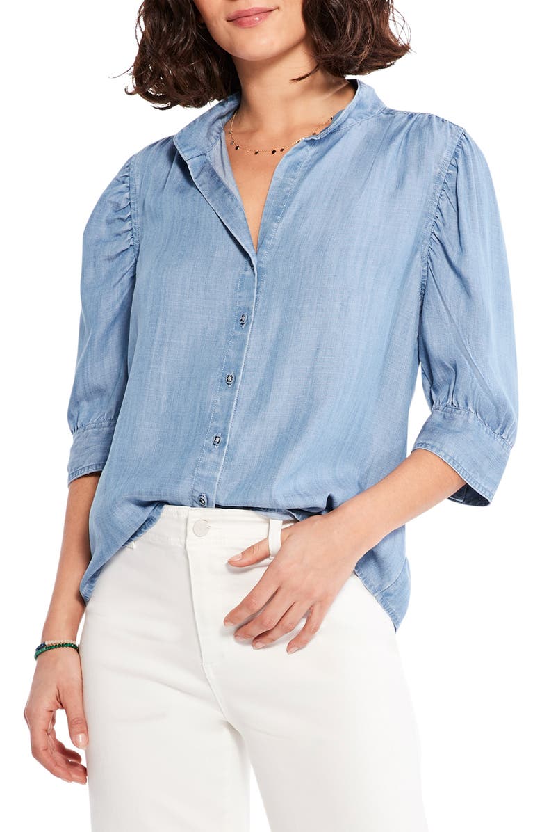 NIC+ZOE Puff Sleeve Chambray Button-Up Blouse, Main, color, 