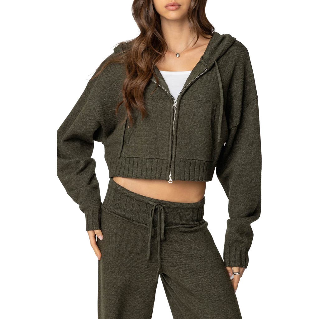 Shop Edikted Russell Crop Hooded Zip Sweater In Olive