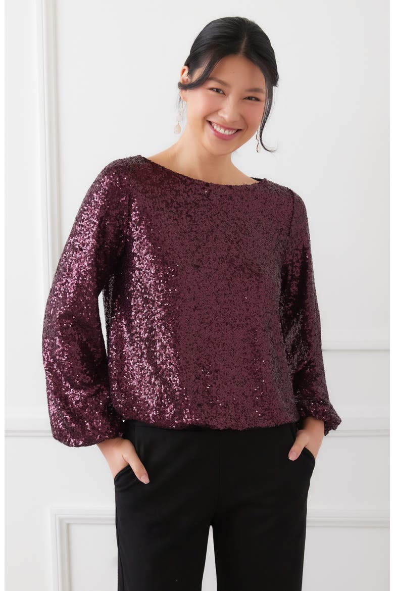 Sequin Boat Neck Top, Alternate, color, EGGPLANT