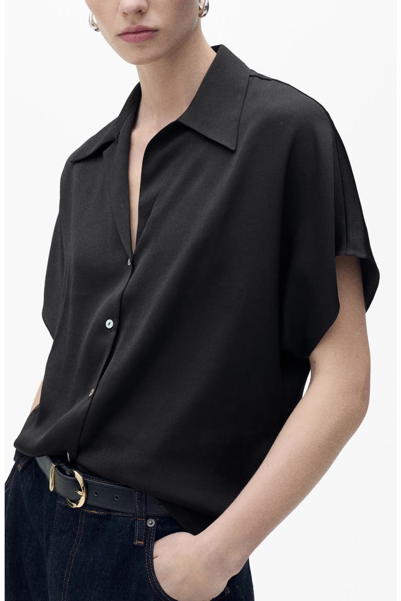 Short Sleeve Satin Button-Up Shirt, Main, color, BLACK