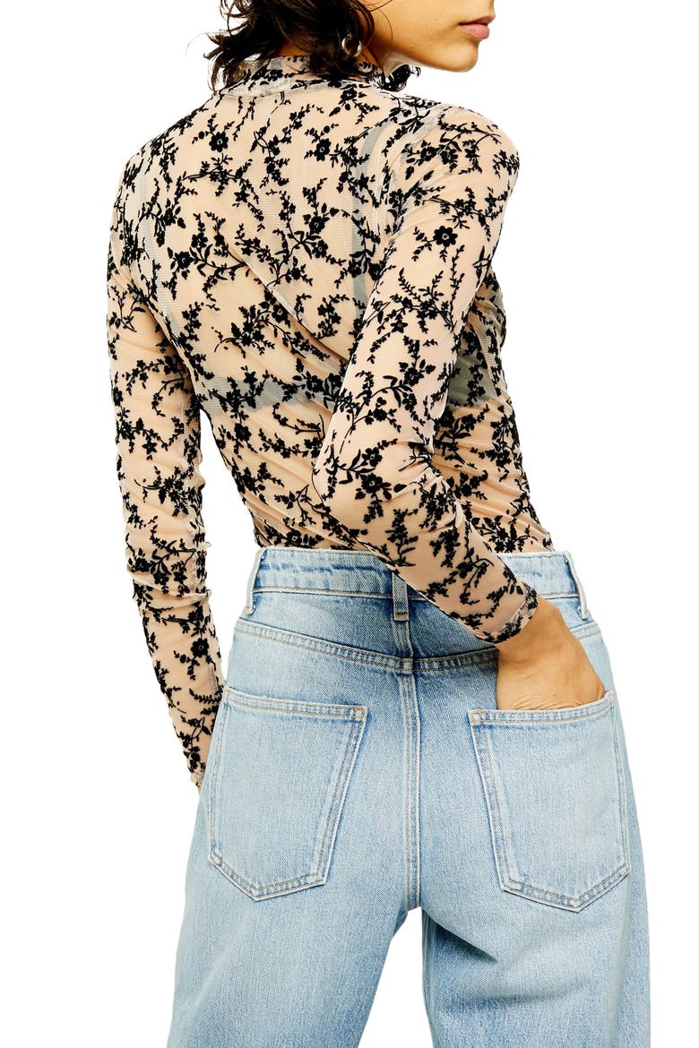 Floral Flock Mesh Mock Neck Top, Alternate, color, PINK MULTI