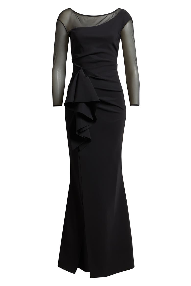 Aroma Illusion Ruffle Mermaid Gown, Alternate, color, 37 BLACK