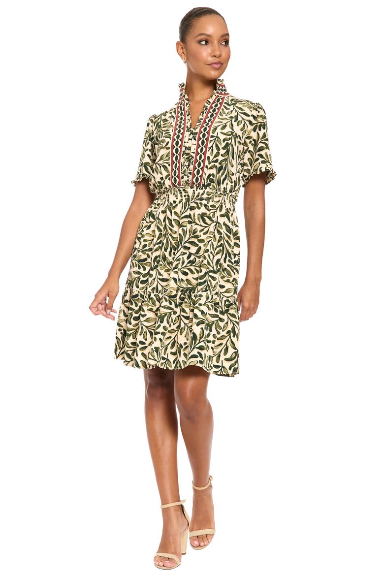 Ruffle Trim Short Sleeve Fit & Flare Dress, Alternate, color, PEARLED IVORY/ DRIED HERB