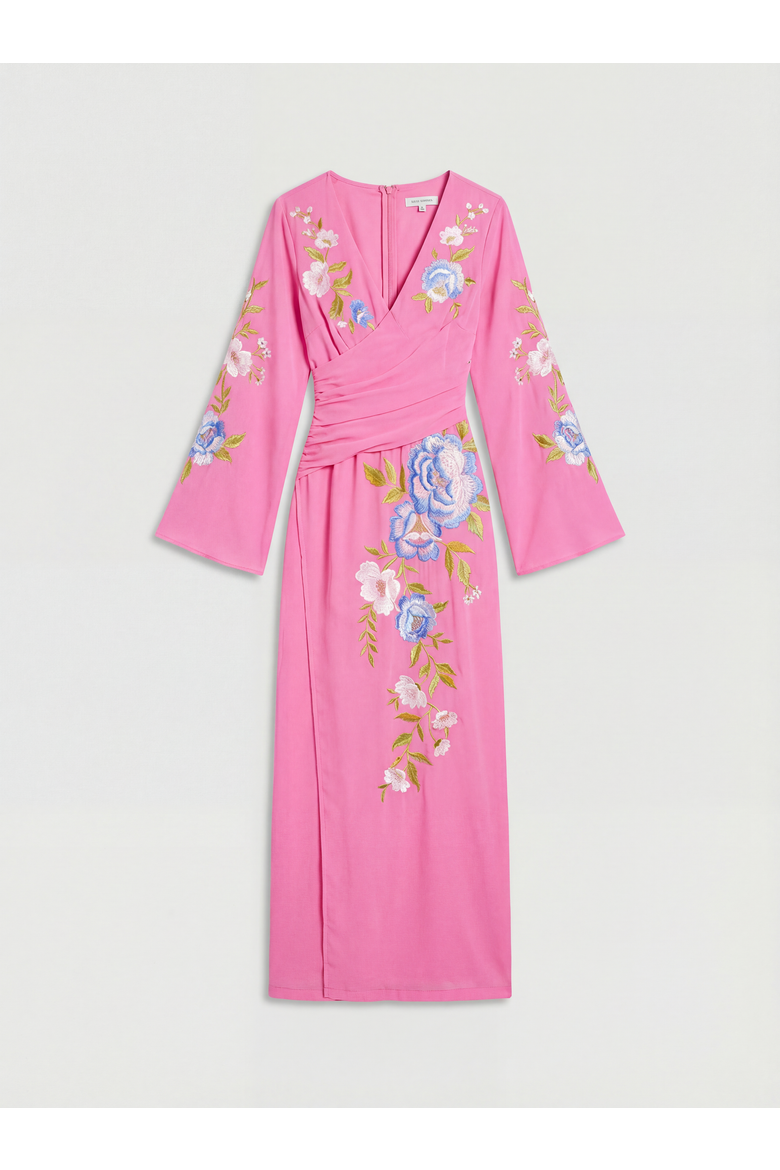 Embroidered V-Neck Wrap Dress, Alternate, color, Hot Pink