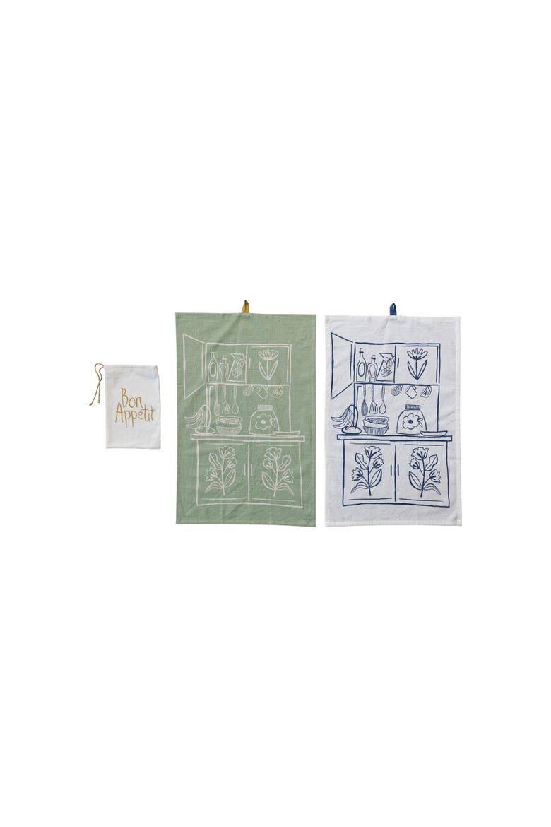 Cottage Kitchen Cotton Slub Kitchen and Tea Towels, Cream and Sage, Set of 2, Main, color, Green