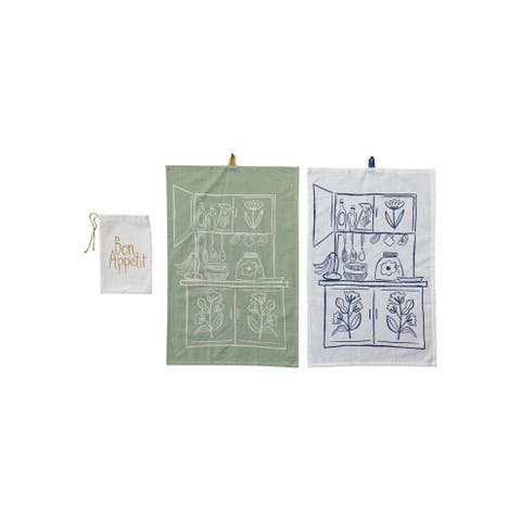 Cottage Kitchen Cotton Slub Kitchen and Tea Towels, Cream and Sage, Set of 2