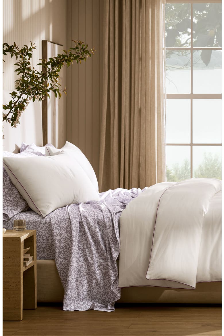 Signature Piped Edge Organic Cotton Duvet & Shams Set, Alternate, color, WHITE/ PLUM