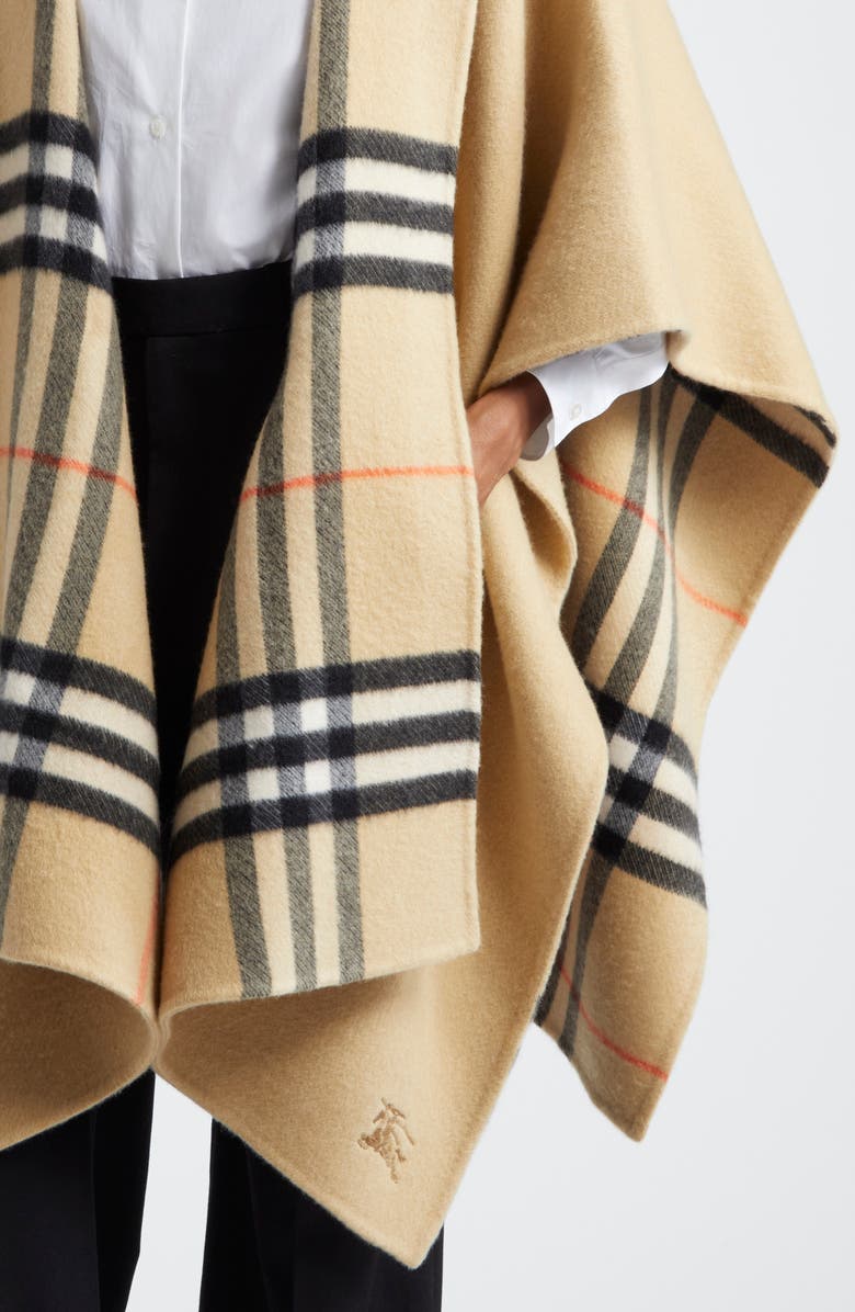 Burberry Check/EKD Reversible Hooded Cashmere Cape, Alternate, color, 