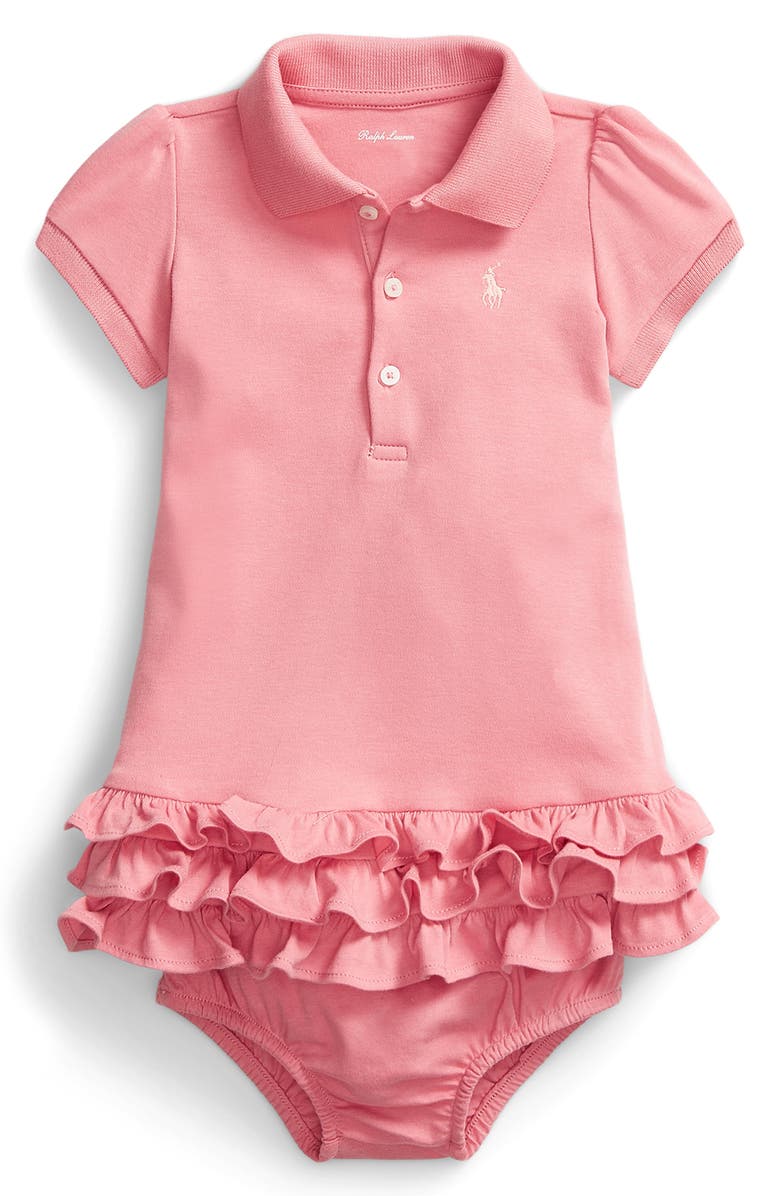 Ralph Lauren Ruffle Cotton Polo Dress & Bloomers, Main, color, Desert Rose
