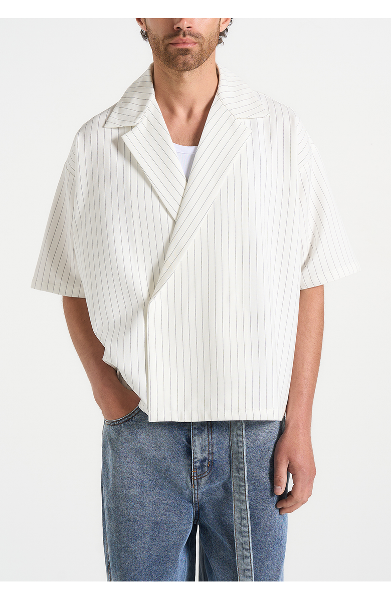 Manière De Voir Abel Boxy Pinstripe Double Breasted Shirt, Alternate, color, White