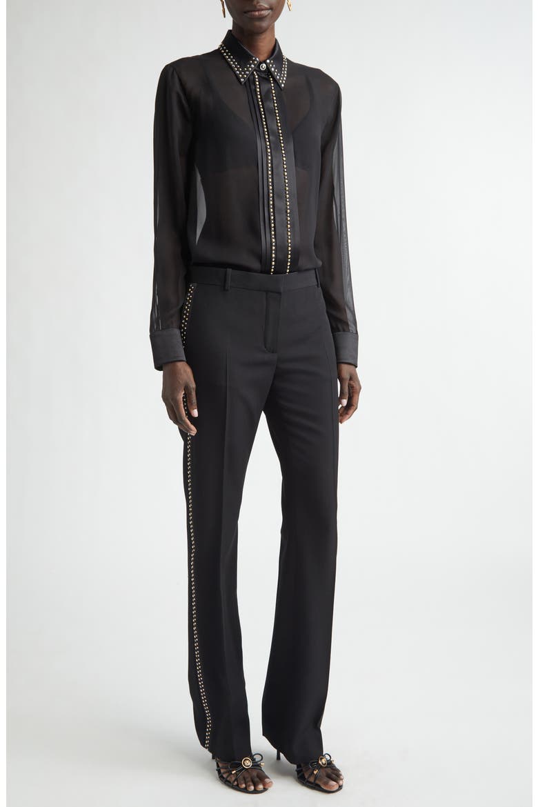 Studded Silk Georgette Button-Up Shirt, Alternate, color, BLACK