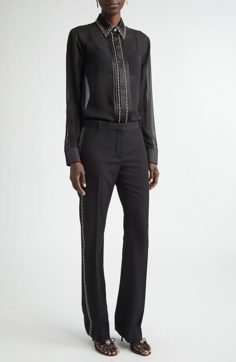 Versace Studded Silk Georgette Button-Up Shirt, Alternate, color, 