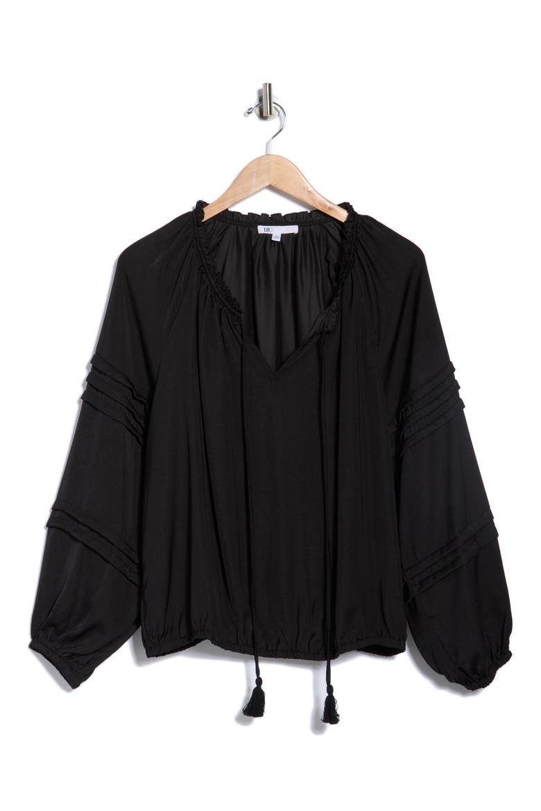 Tie Front Long Sleeve Satin Top, Alternate, color, BLACK