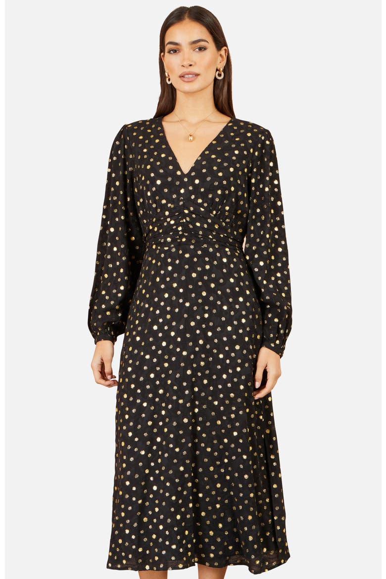 Long Sleeve Foil Print Midi Dress, Alternate, color, Black