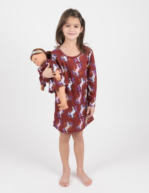 Girls Long Sleeve Nightgown with Matching Doll Nightgown, Printed Design