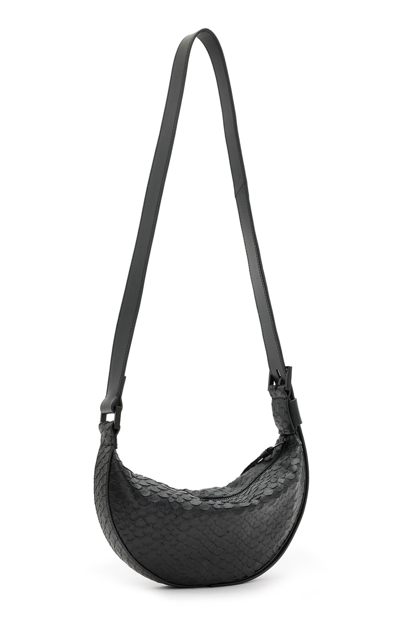 AllSaints Half Moon Snake Embossed Leather Crossbody Bag, Alternate, color, 