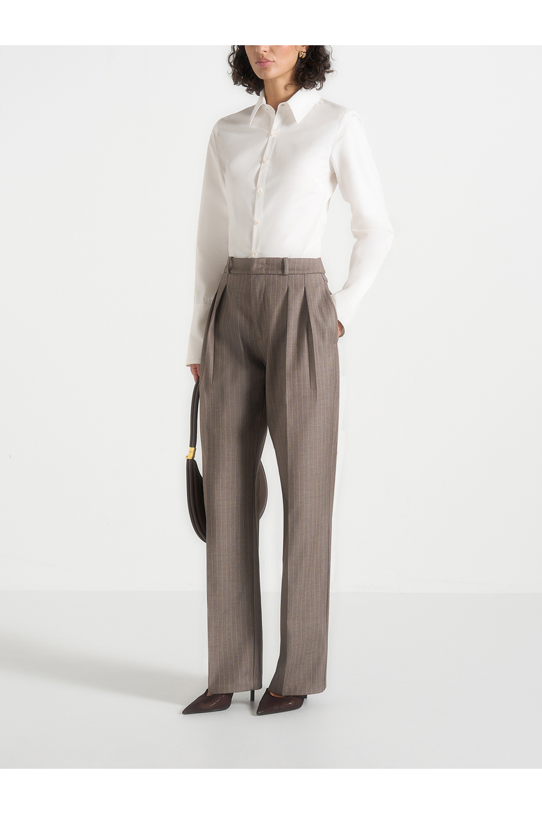 Julie Fluid Pinstripe Wide Leg Trousers, Alternate, color, Taupe