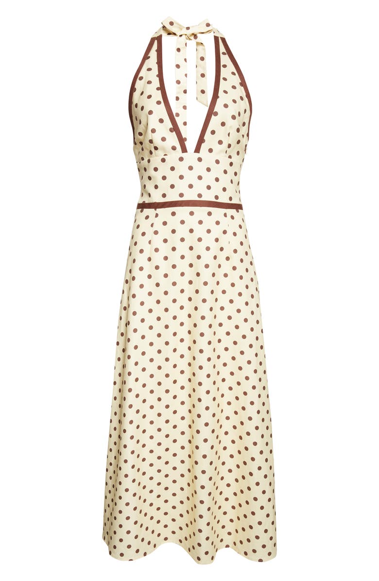 POSSE Bowie Polka Dot Plunge Halter Neck Midi Dress, Alternate, color, Vanilla/ Chocolate