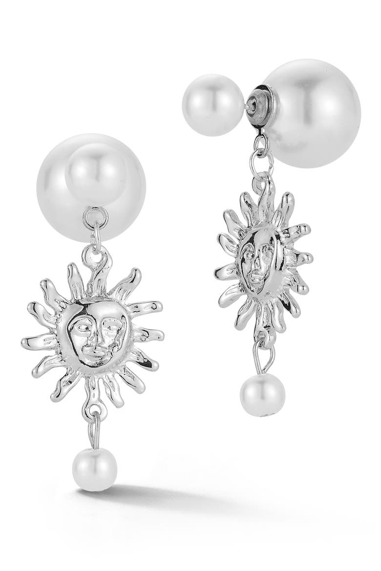 Faux Pearl Sun Drop Earrings, Main, color, SILVER