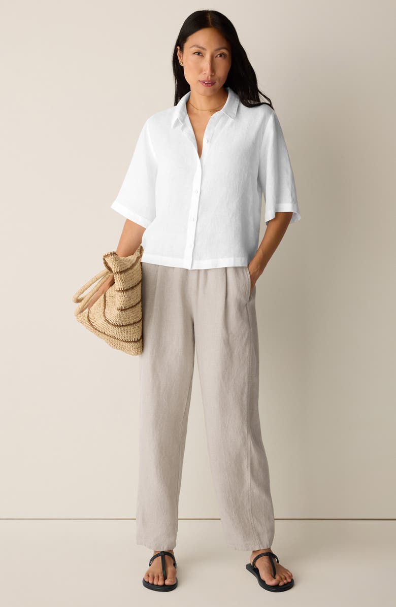 Eileen Fisher Classic Collar Elbow Sleeve Organic Linen Button-Up Shirt, Alternate, color, White