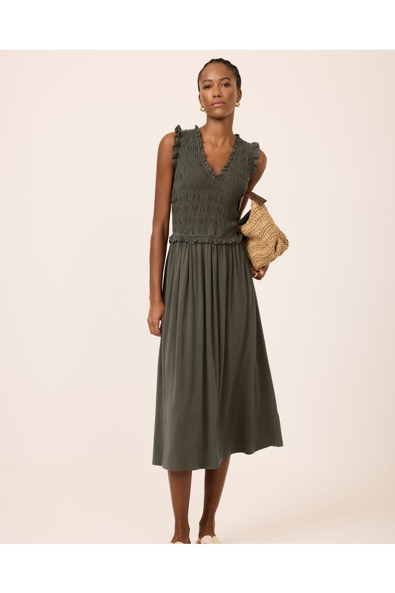 Shirred Ruffle Midi Dress, Alternate, color, Green