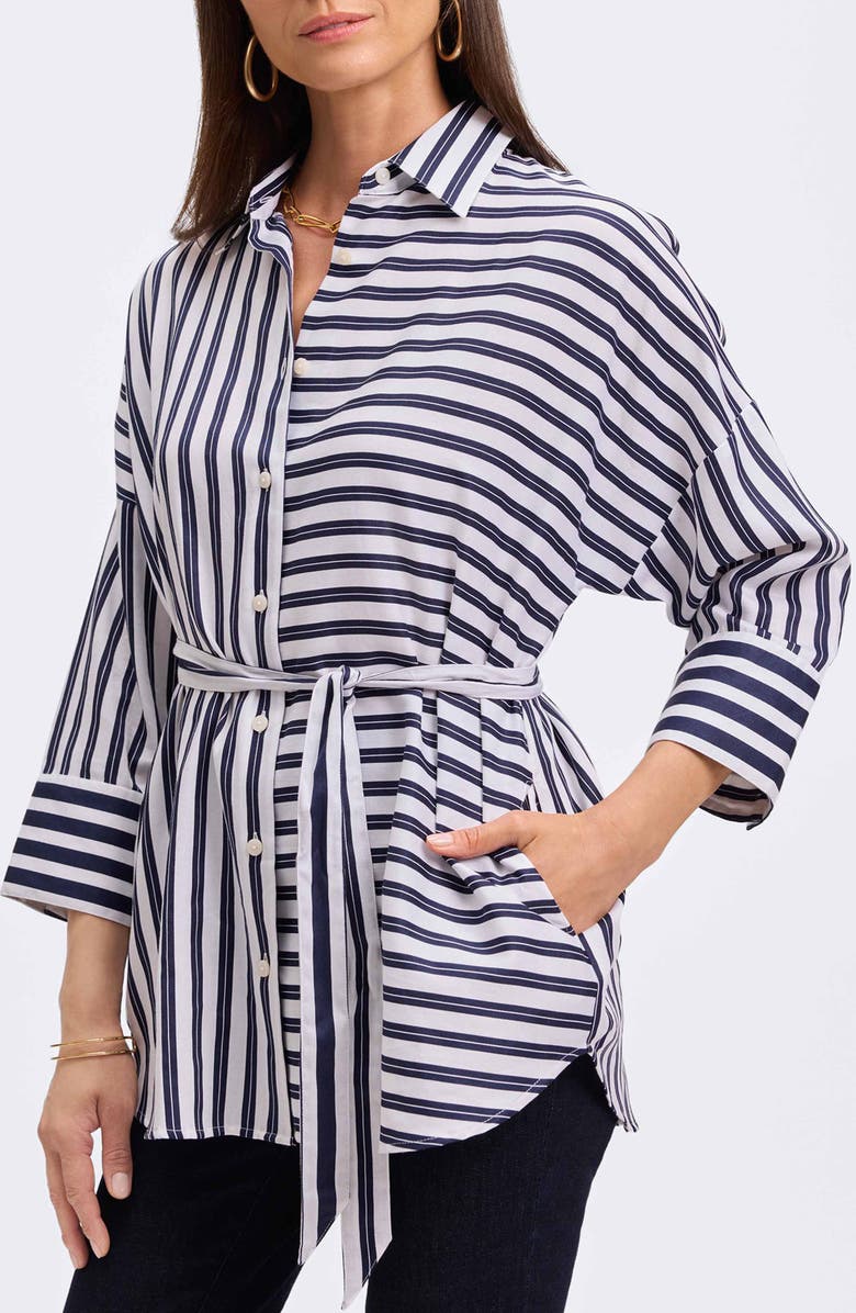 Foxcroft Avery Stripe Tie Waist Tunic Shirt, Alternate, color, Navy/ White