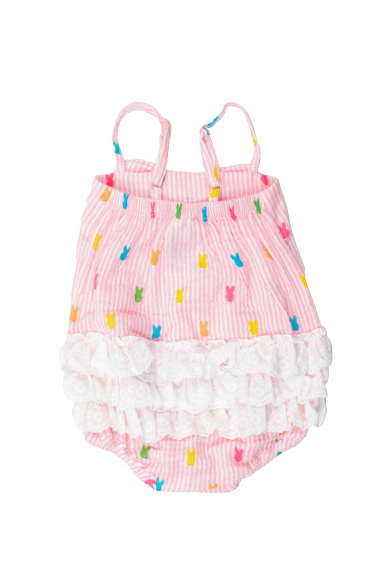 RuffleButts Baby Girls Cotton Gauze Bow Front Bubble Woven Romper, Alternate, color, Pink Bunny Stripe