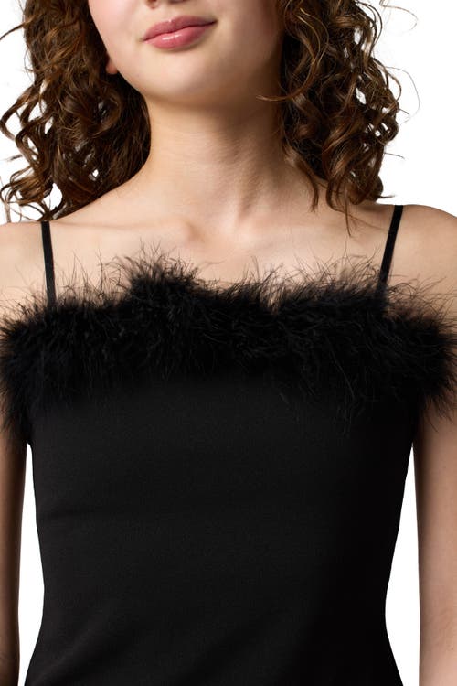 Un Deux Trois Girl's Fitted Faux Feather Trim Dress In Black