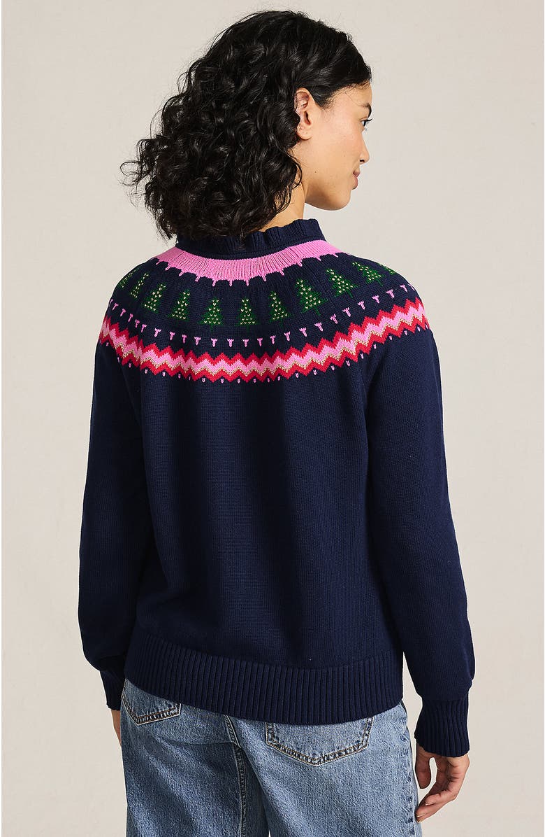 Lands' End Drifter Lurex Ruffle Neck Jacquard Cardigan Sweater, Alternate, color, Christmas Trees/Navy