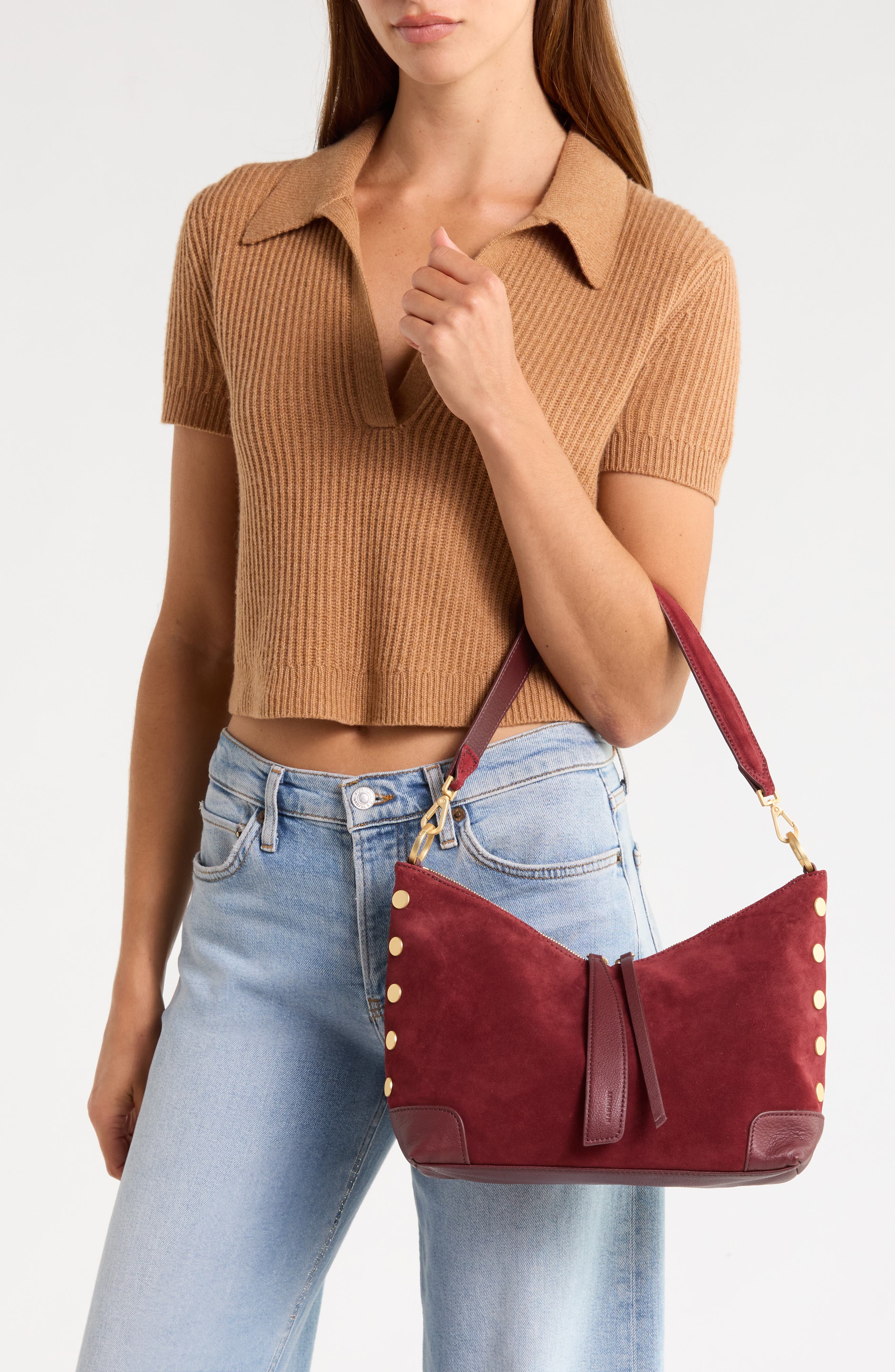 Grace Medium Suede Shoulder Bag, Alternate, color, CHERRYWOOD SUEDE/BRUSHED GOLD