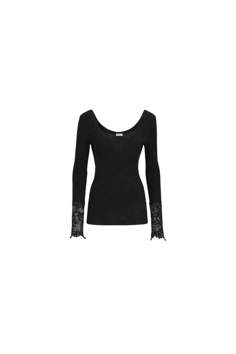 Ribbed wool jersey sweater with dazzling lace embroidery cuffs, Alternate, color, Anthracite