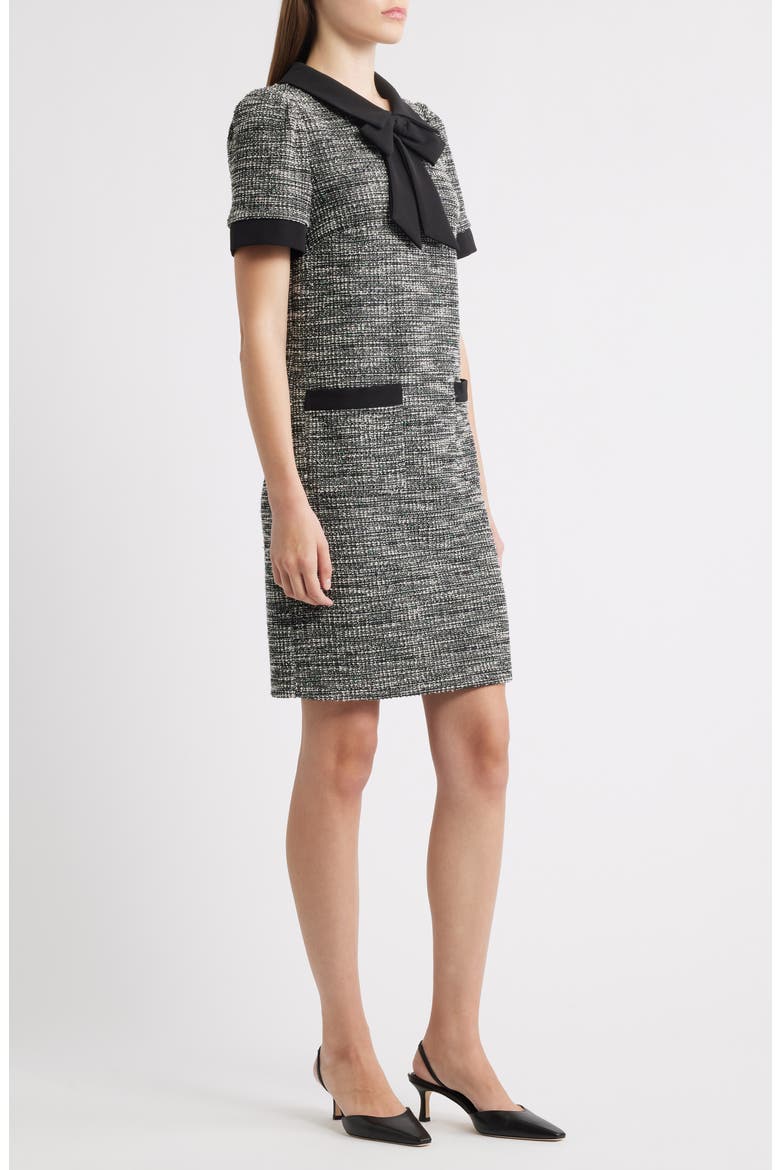 Bow Detail Bouclé Tweed Dress, Alternate, color, BLACK WHITE