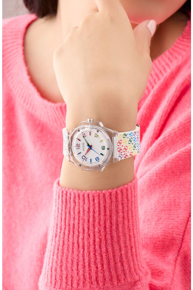 Worn with Pride Rainbow Clear Silicone Strap Watch, 34mm, Alternate, color, MULTI