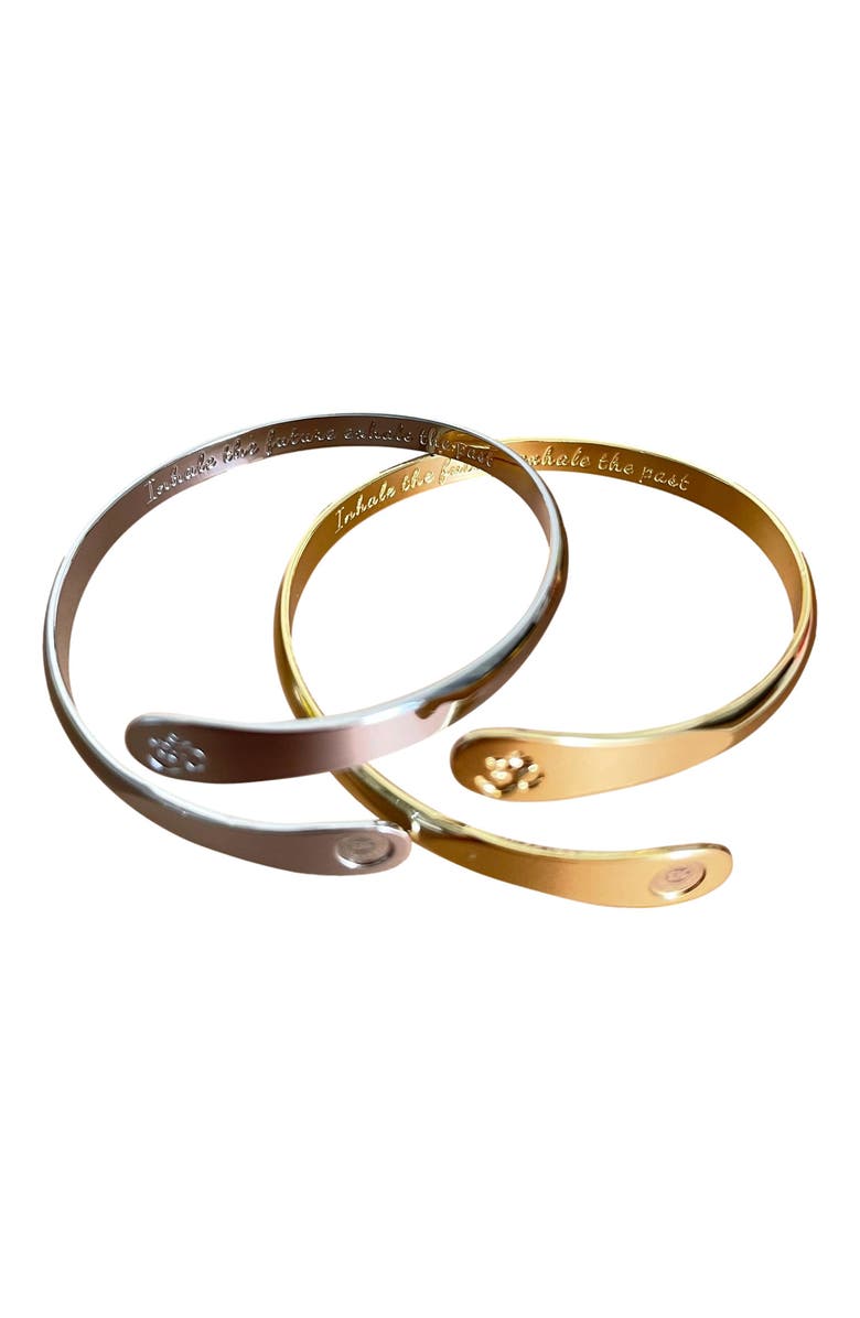 Hollywood Sensation Yoga Bracelets, Om Bracelets, Engraved Bracelets Inhale the future exhale the past- The Om Symbol, Alternate, color, Silver