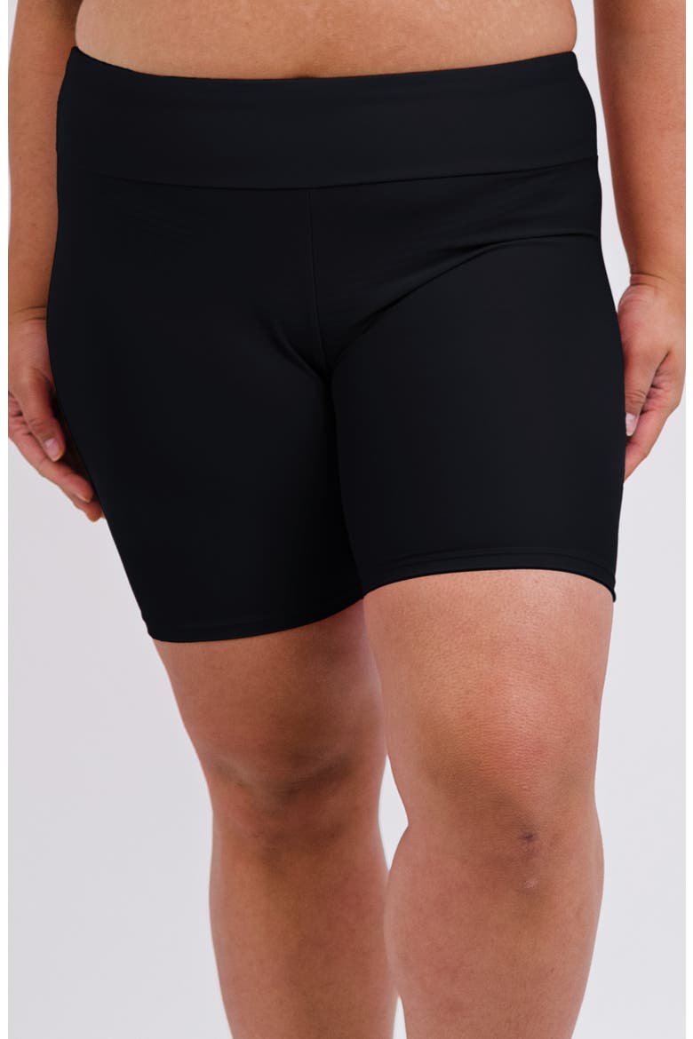 Plus Size Short Sleeve Adele Swim Top and Black Mid-Thigh Swim Shorts Set, Alternate, color, Barbados Blue