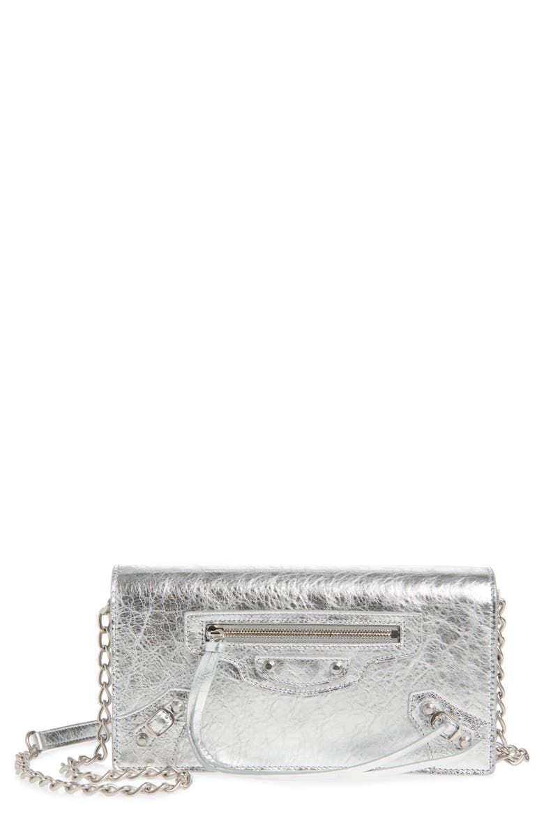 Balenciaga Le City Metallic Leather Wallet on a Chain, Main, color, 8122 Silver