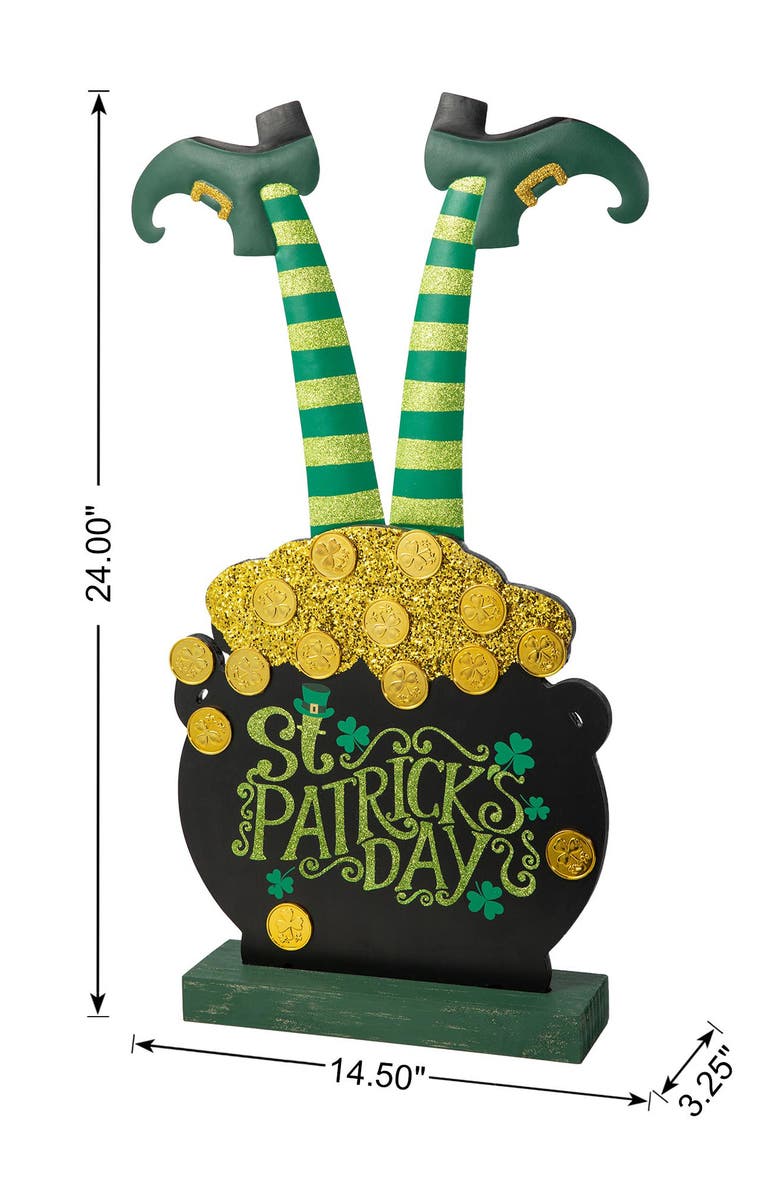 Glitzhome Wooden St. Patrick's Leprechaun Pot of Gold Porch Decor, Alternate, color, Green