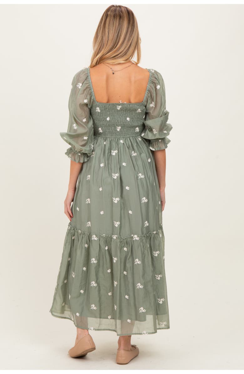 PinkBlush Floral Embroidered Smocked 3/4 Sleeve Midi Dress, Alternate, color, Light Olive