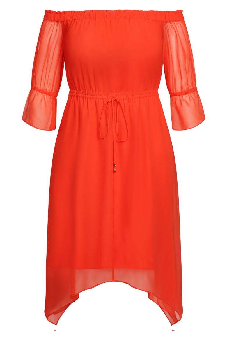 Reflections Off the Shoulder Handkerchief Hem Dress, Alternate, color, SUNKIST