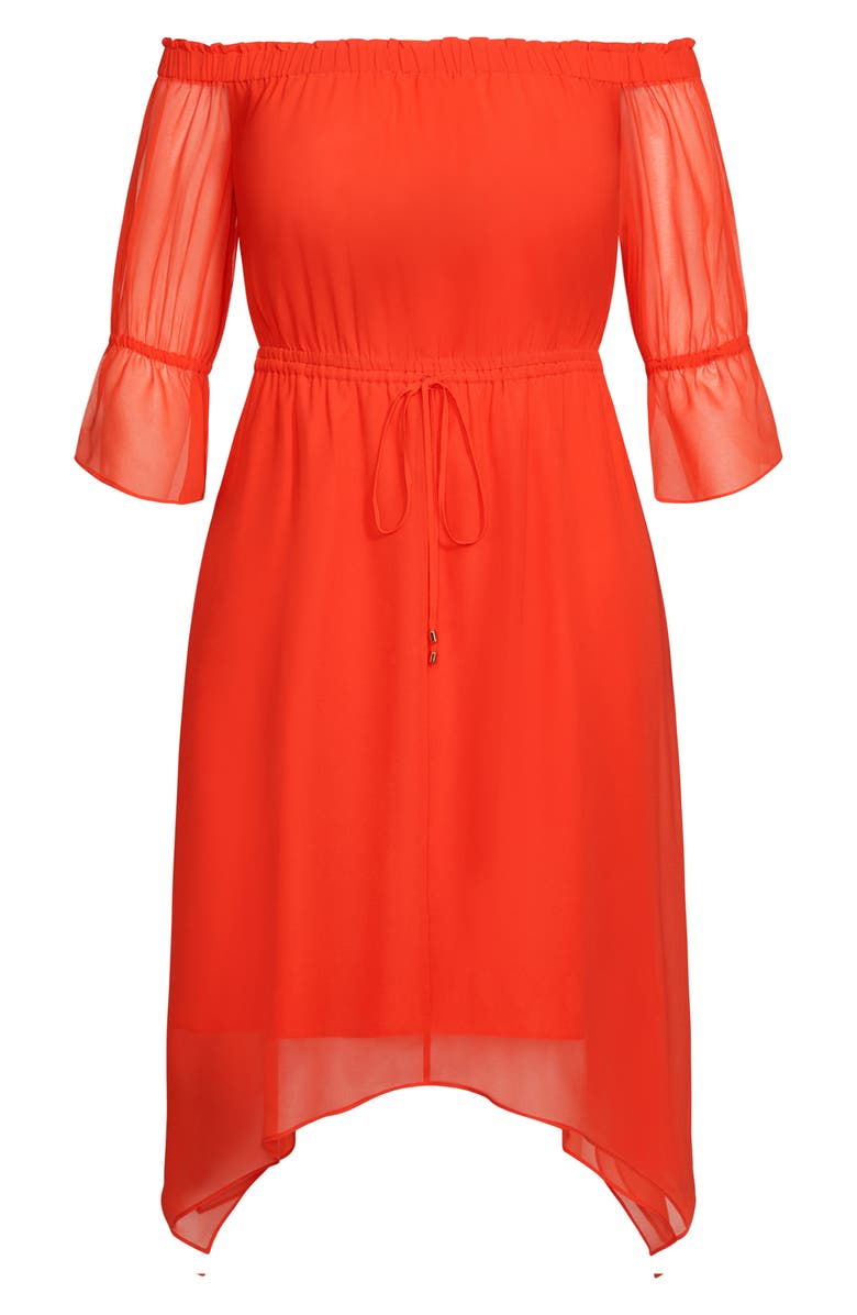 City Chic Reflections Off the Shoulder Handkerchief Hem Dress, Alternate, color,