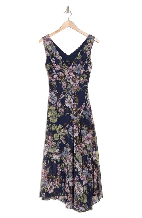 Connected Apparel Floral Chiffon Handkerchief Hem Midi Dress In Navy/mauve